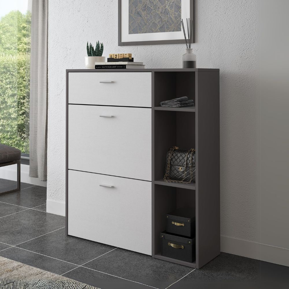 scarpiera takimi con 2 ante a ribalta 1 cassetto colore grafite e bianco, mobile multiuso compatto per lavanderia, cucina o ingresso