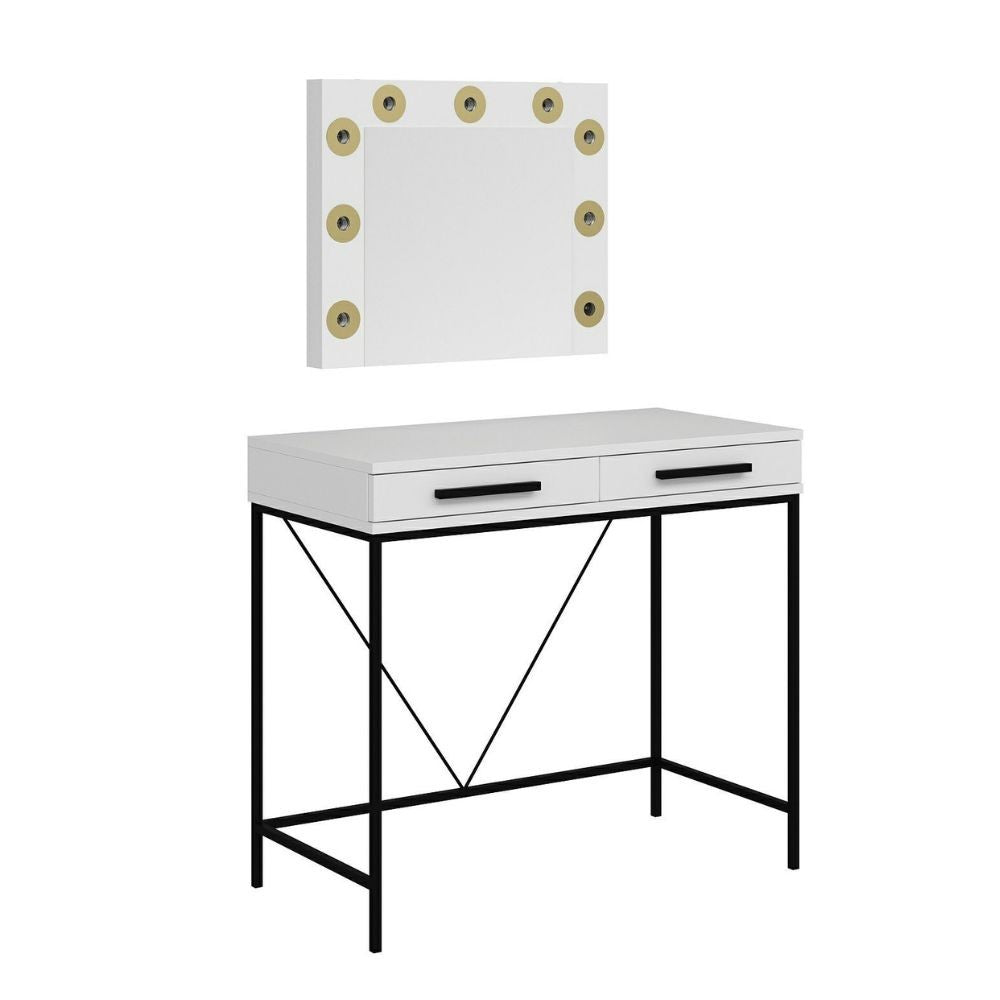 toeletta da trucco sane con 2 cassetti bianco con piedi neri e specchio con luci led lampadine escluse, mobile versatile per riporre scarpe, accessori e oggetti vari