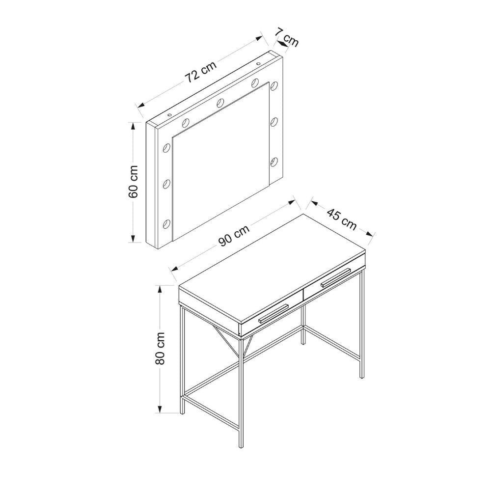 toeletta da trucco sane con 2 cassetti bianco con piedi neri e specchio con luci led lampadine escluse, ripiani regolabili per adattarsi a ogni esigenza