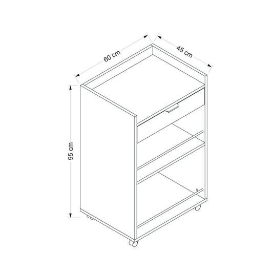 mobile multiuso liana con 2 nicchie a giorno e un cassetto colore bianco con rotelle, mobile salvaspazio ideale per case moderne e organizzate