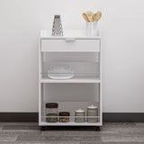 mobile multiuso liana con 2 nicchie a giorno e un cassetto colore bianco con rotelle, mobile multiuso compatto per lavanderia, cucina o ingresso