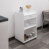 mobile multiuso liana con 2 nicchie a giorno e un cassetto colore bianco con rotelle, ideale per tenere tutto in ordine anche negli spazi piccoli