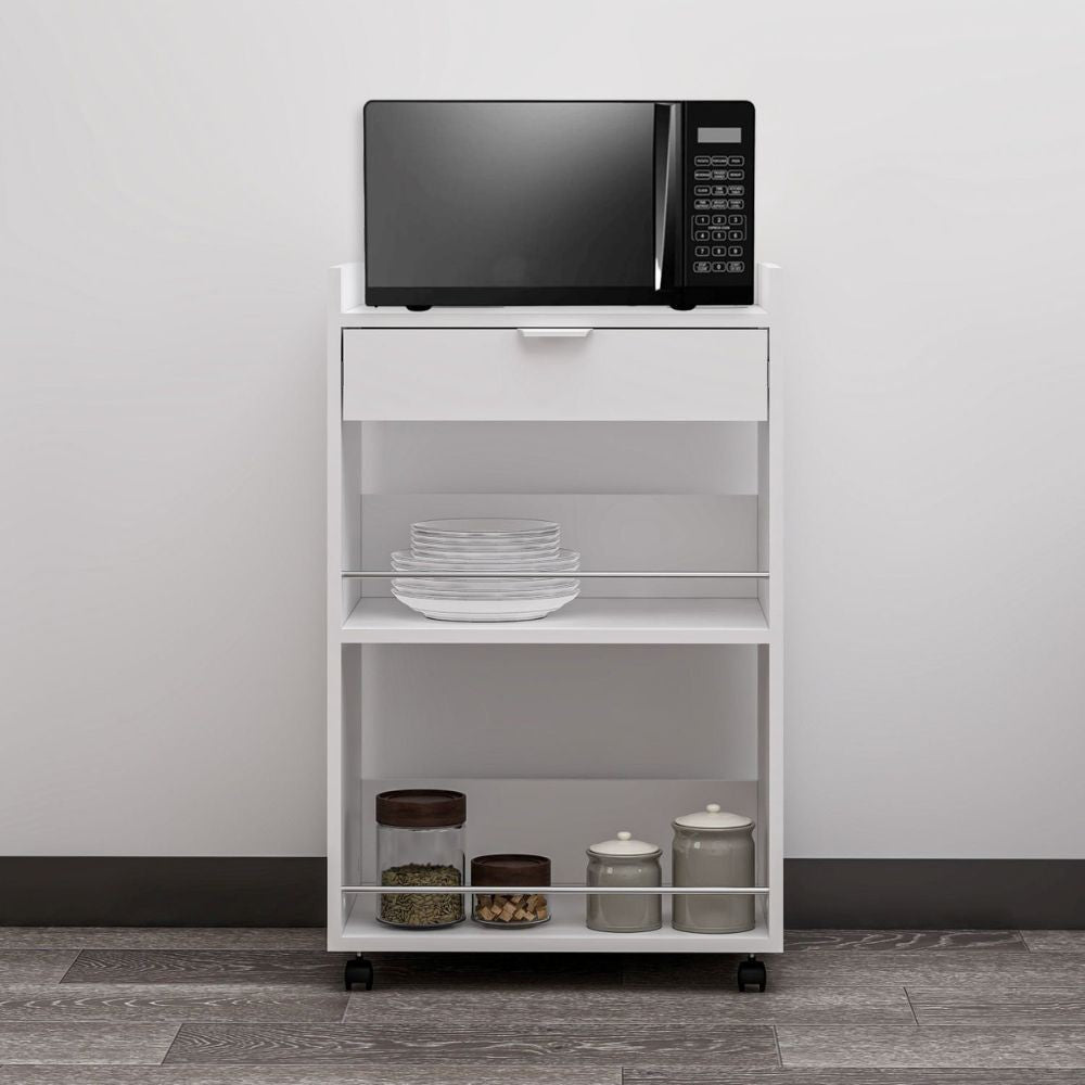 mobile multiuso liana con 2 nicchie a giorno e un cassetto colore bianco con rotelle, finitura moderna e funzionale per ogni ambiente della casa