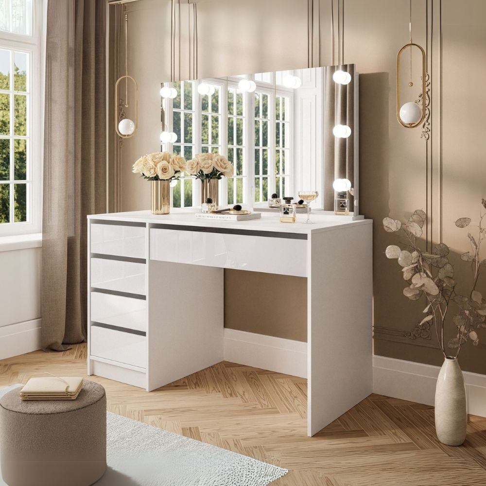 toeletta elite 5 cassetti con specchio con lampadine led colore bianco, mobile multiuso compatto per lavanderia, cucina o ingresso