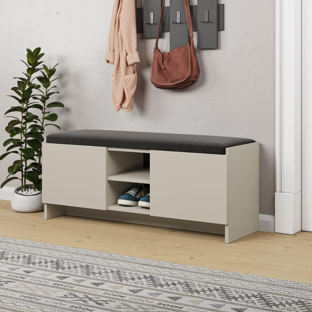 panca scarpiera con cuscino zulla cashmere con 2 ante e nicchia a giorno, mobile multiuso compatto per lavanderia, cucina o ingresso