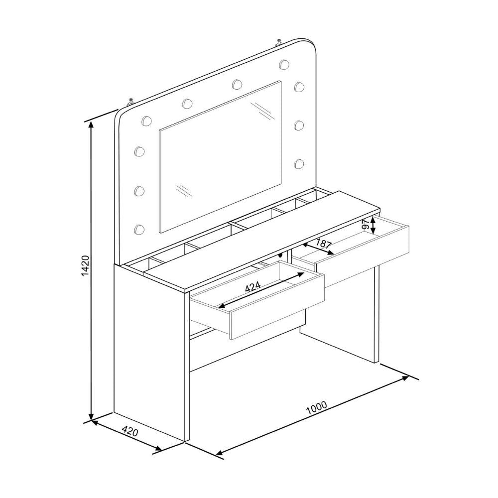 toeletta da trucco 1780 con specchio luci e cassetti bianco, finitura moderna e funzionale per ogni ambiente della casa