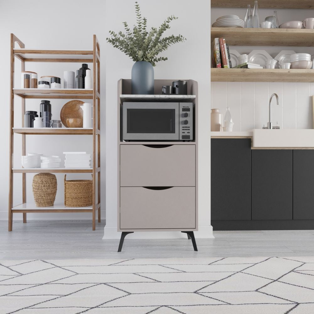 mobile multiuso gorki con cassetti light mocha e ripiano carrara bianco, vista ambientata in corridoio o zona servizio