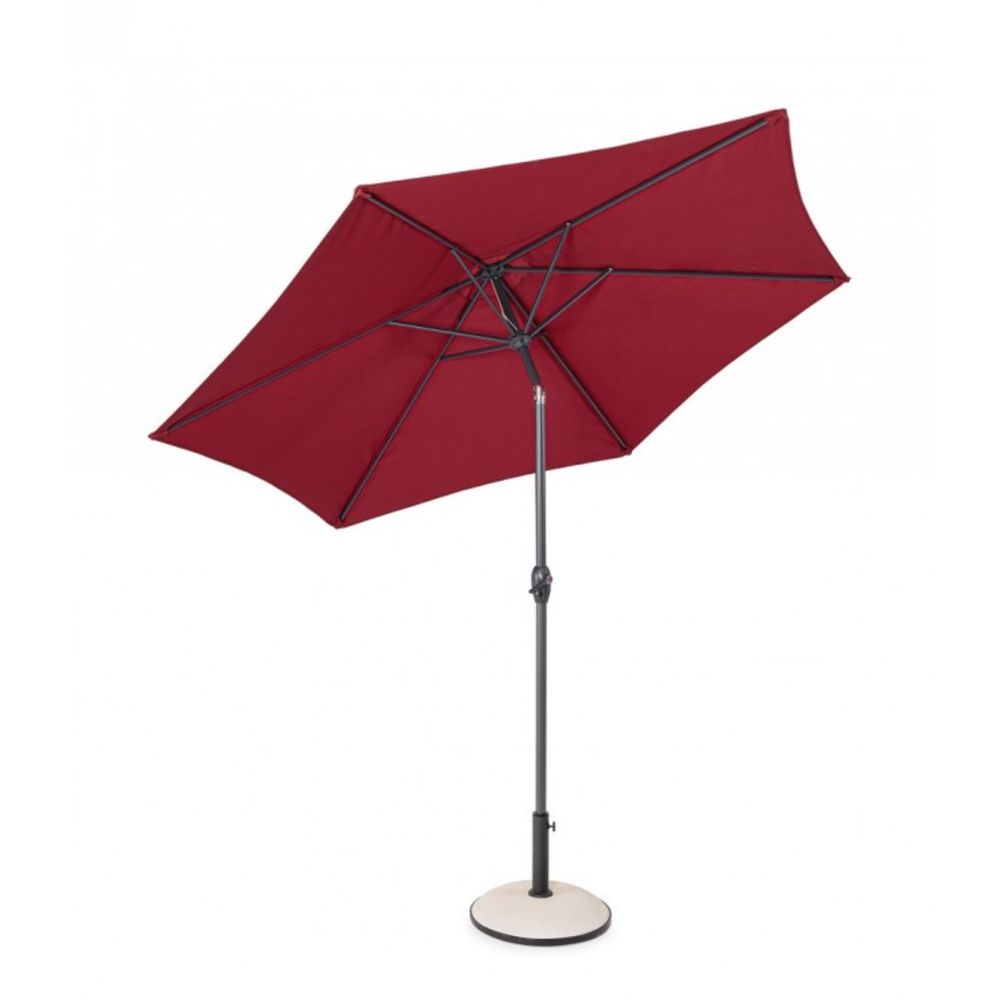 ombrellone rotondo kalife con palo centrale in alluminio e telo rosso 2,7m, vista ambientata su terrazzo, patio o bordo...