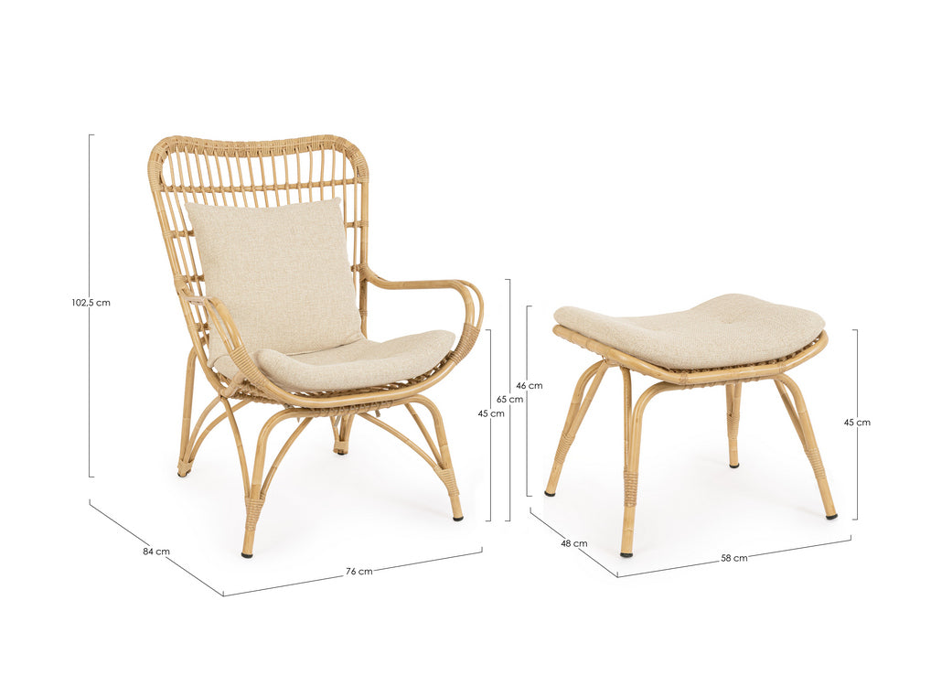 poltrona lounge con poggiapiedi maela effetto rattan, design ergonomico ideale per l’arredo esterno