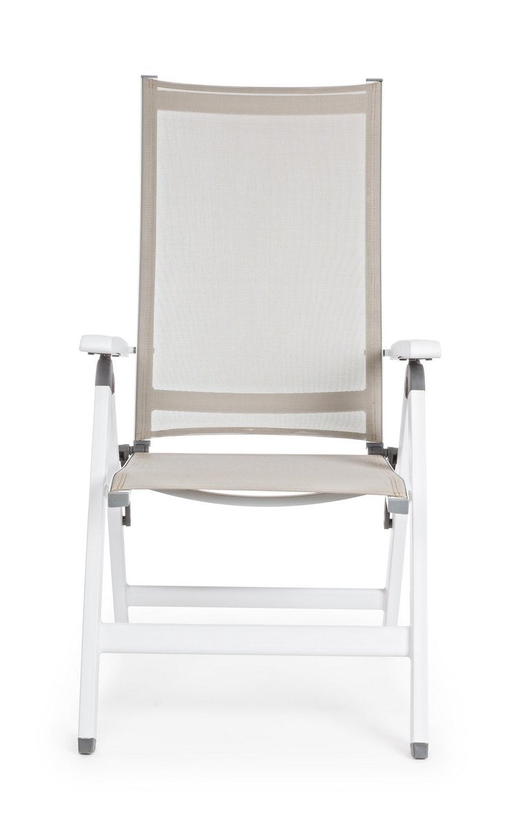 poltrona reclinabile cruise in alluminio bianco, pieghevole, vista ambientata in terrazzo, giardino o veranda