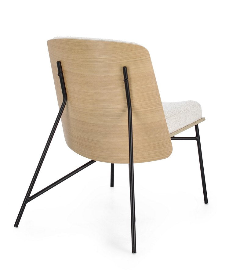 poltrona emerson in tessuto effetto bouclé avorio e gambe in acciaio nero, struttura in legno naturale, perfetta per...