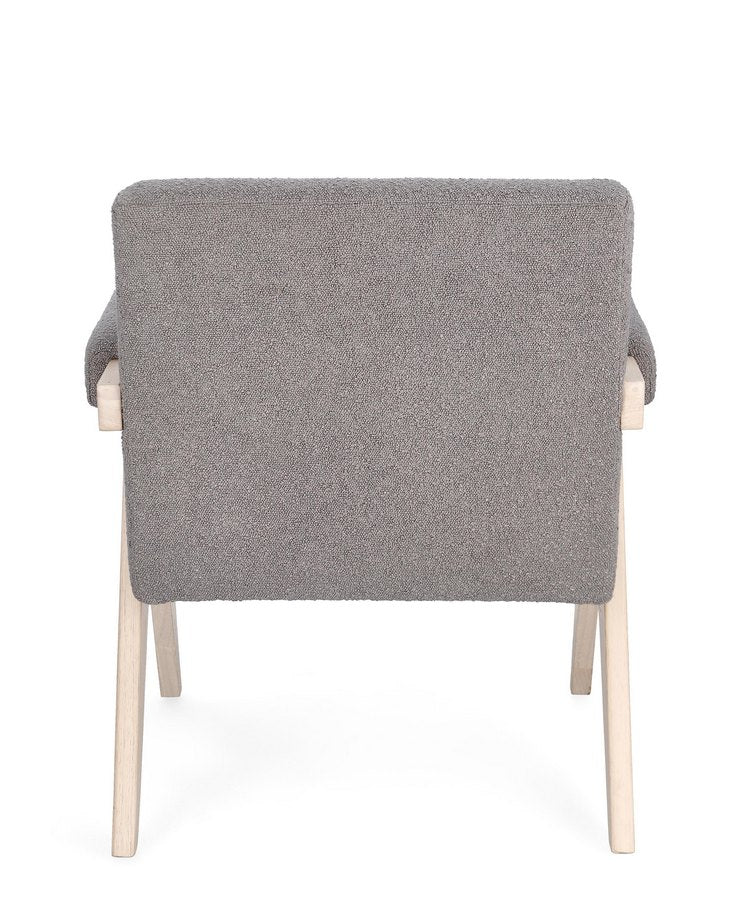 poltrona faiza in tessuto effetto bouclé tortora e gambe in legno rubberwood, stile contemporaneo con braccioli comodi e...