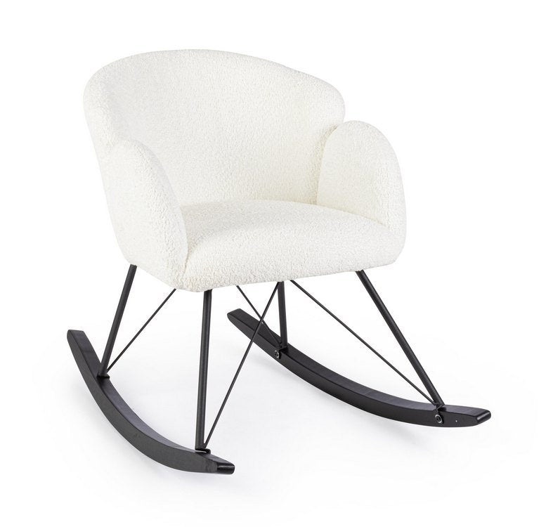 poltrona sibilla in tessuto effetto bouclé bianco e base in legno rubberwood, poltrona imbottita con struttura solida e...