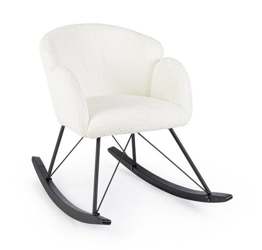 poltrona sibilla in tessuto effetto bouclé bianco e base in legno rubberwood, poltrona imbottita con struttura solida e...