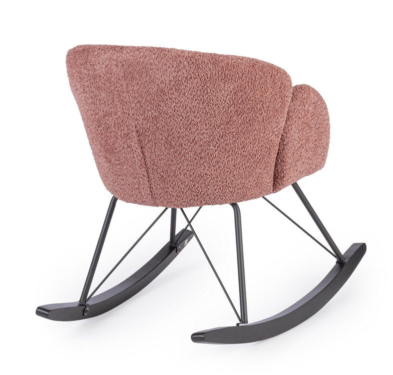 poltrona sibilla in tessuto effetto bouclé ruggine e base in legno rubberwood, perfetta per aggiungere comfort ed eleganza...