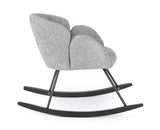 poltrona sibilla in tessuto effetto bouclé grigio chiaro e base in legno rubberwood, dettaglio del rivestimento in tessuto o...