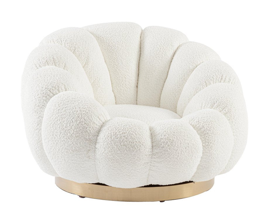 poltrona girevole florel in tessuto effetto bouclé bianco, poltrona imbottita con struttura solida e design moderno