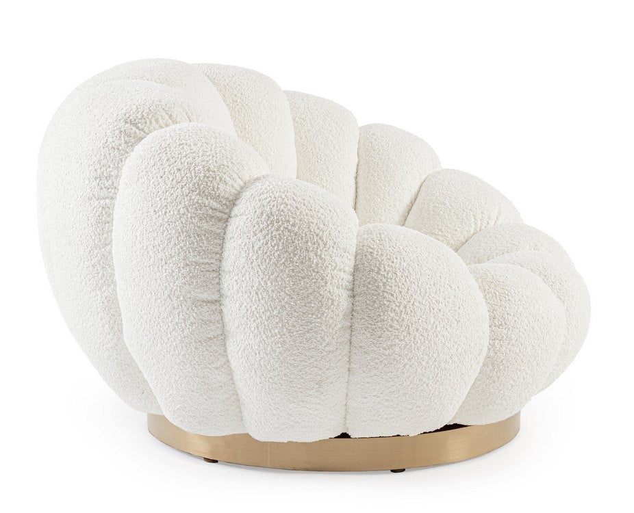 poltrona girevole florel in tessuto effetto bouclé bianco, dettaglio del rivestimento in tessuto o velluto