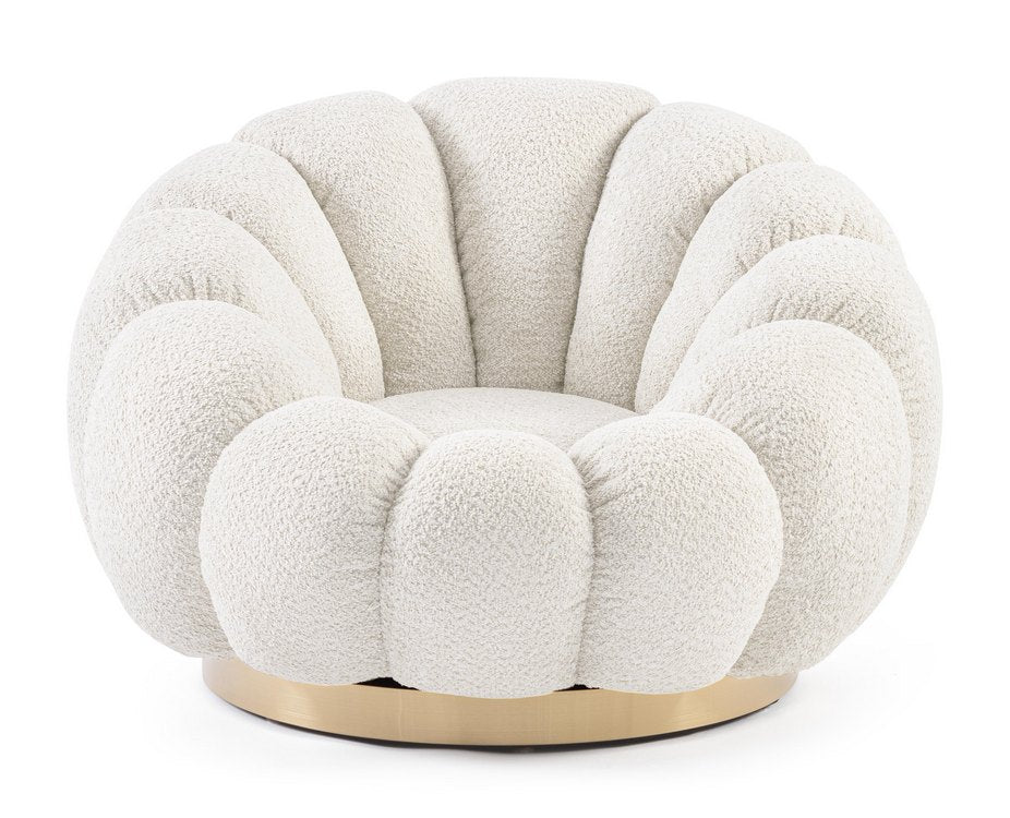 poltrona girevole florel in tessuto effetto bouclé naturale, vista ambientata in soggiorno o angolo lettura