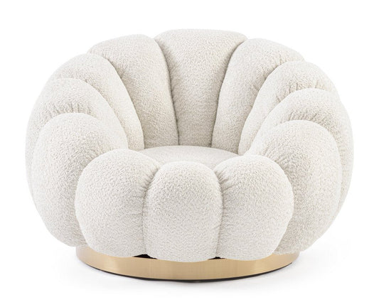 poltrona girevole florel in tessuto effetto bouclé naturale, vista ambientata in soggiorno o angolo lettura