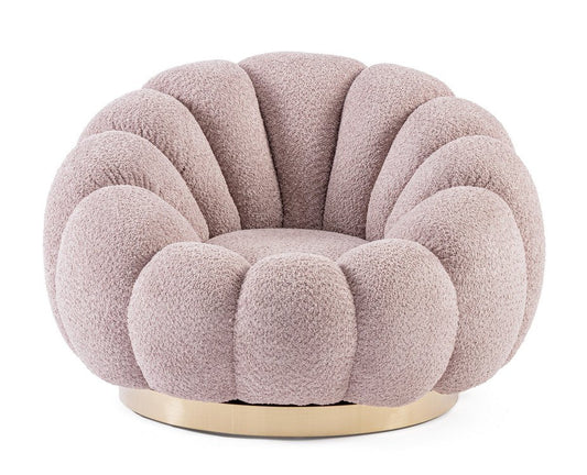 poltrona girevole florel in tessuto effetto rosa antico, vista ambientata in soggiorno o angolo lettura