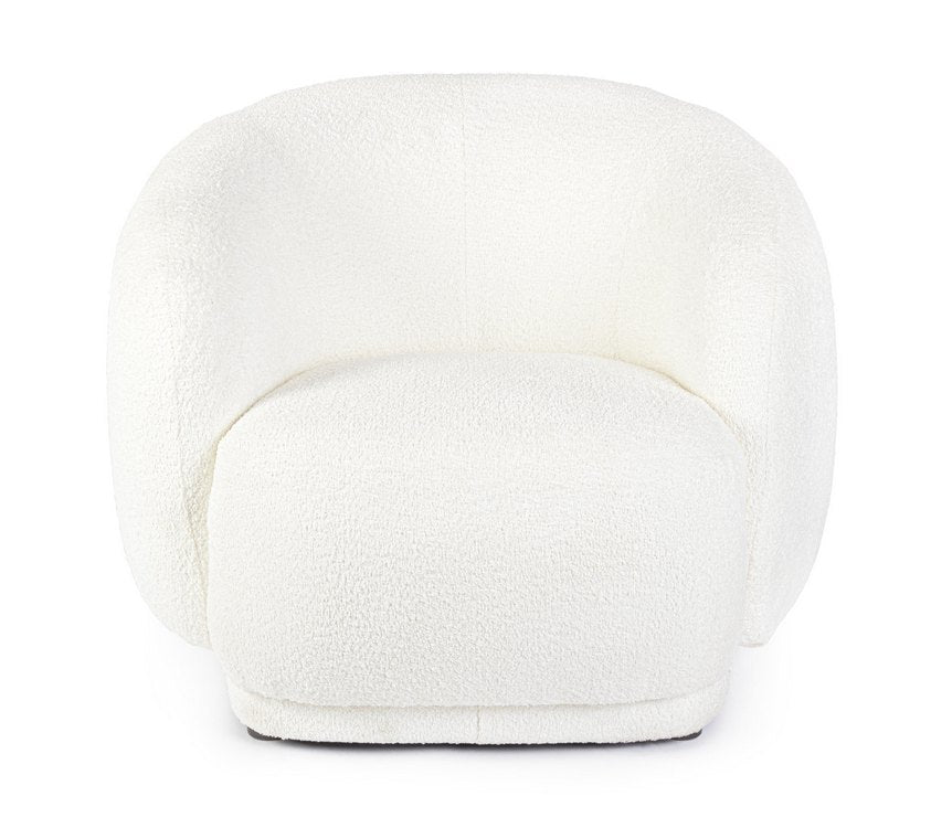 poltrona tecla in tessuto effetto bouclé bianco, vista ambientata in soggiorno o angolo lettura