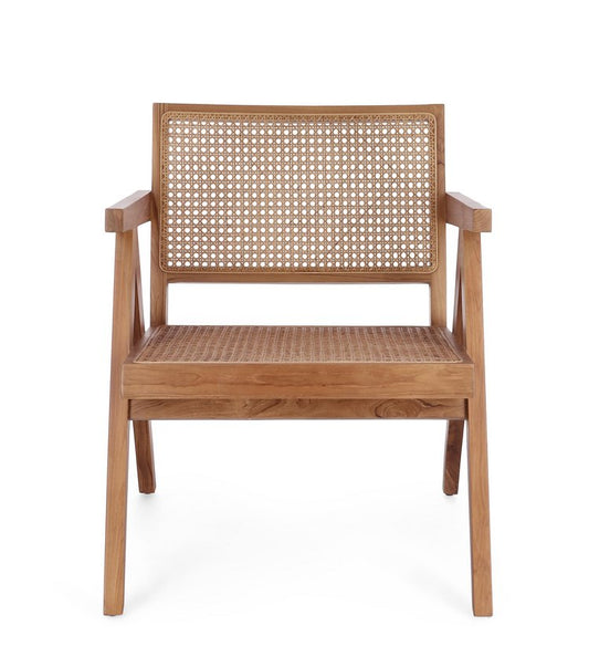 poltrona lounge galia in legno di teak naturale e rattan, vista ambientata in soggiorno o angolo lettura