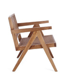 poltrona lounge galia in legno di teak naturale e rattan, dettaglio del rivestimento in tessuto o velluto