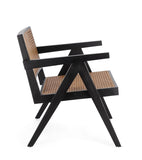 poltrona lounge galia in legno di teak nero e rattan, dettaglio del rivestimento in tessuto o velluto