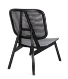 poltrona lounge yves in legno di teak e rattan nero, dettaglio del rivestimento in tessuto o velluto