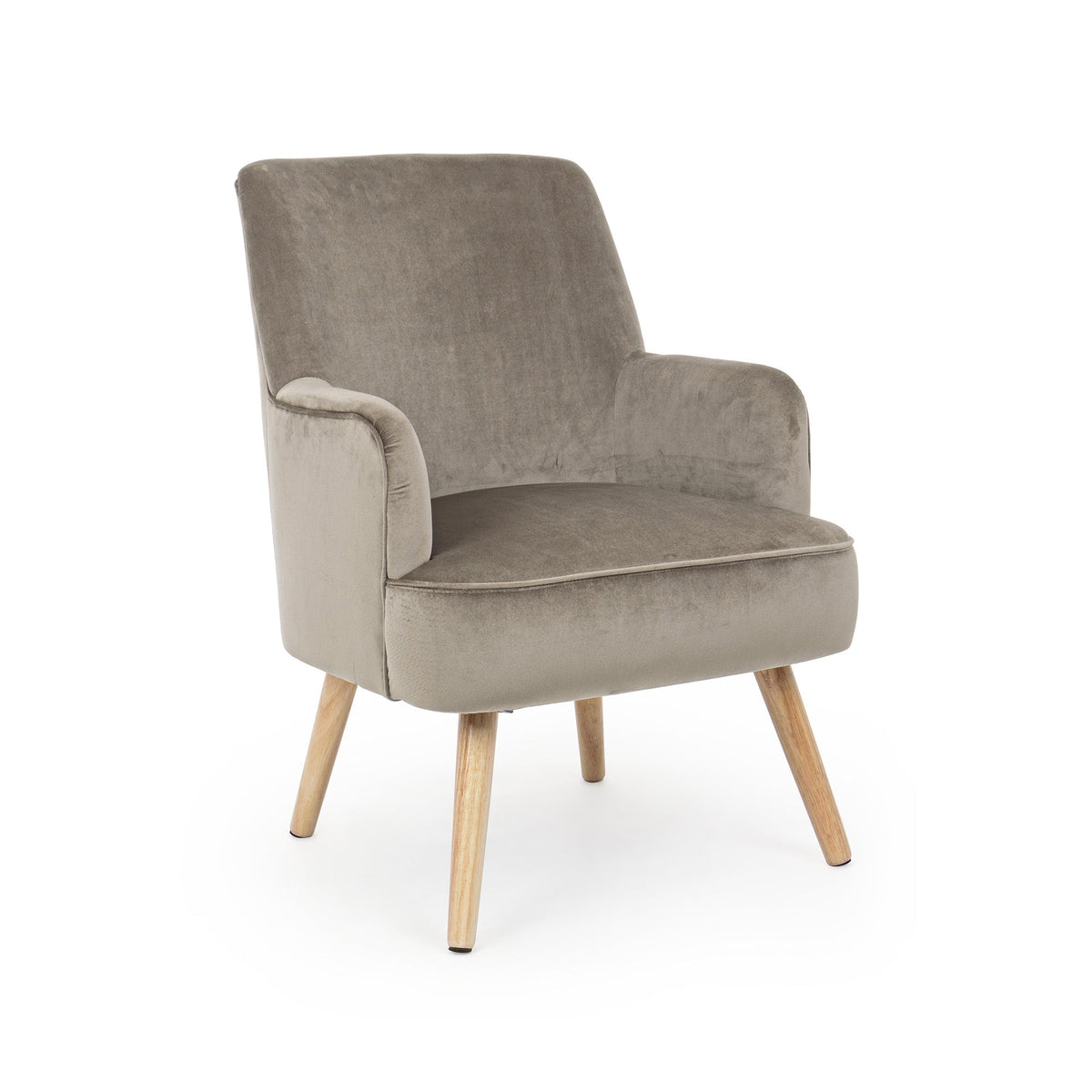 poltrona adeline in tessuto effetto velluto tortora e legno, poltrona imbottita con struttura solida e design moderno