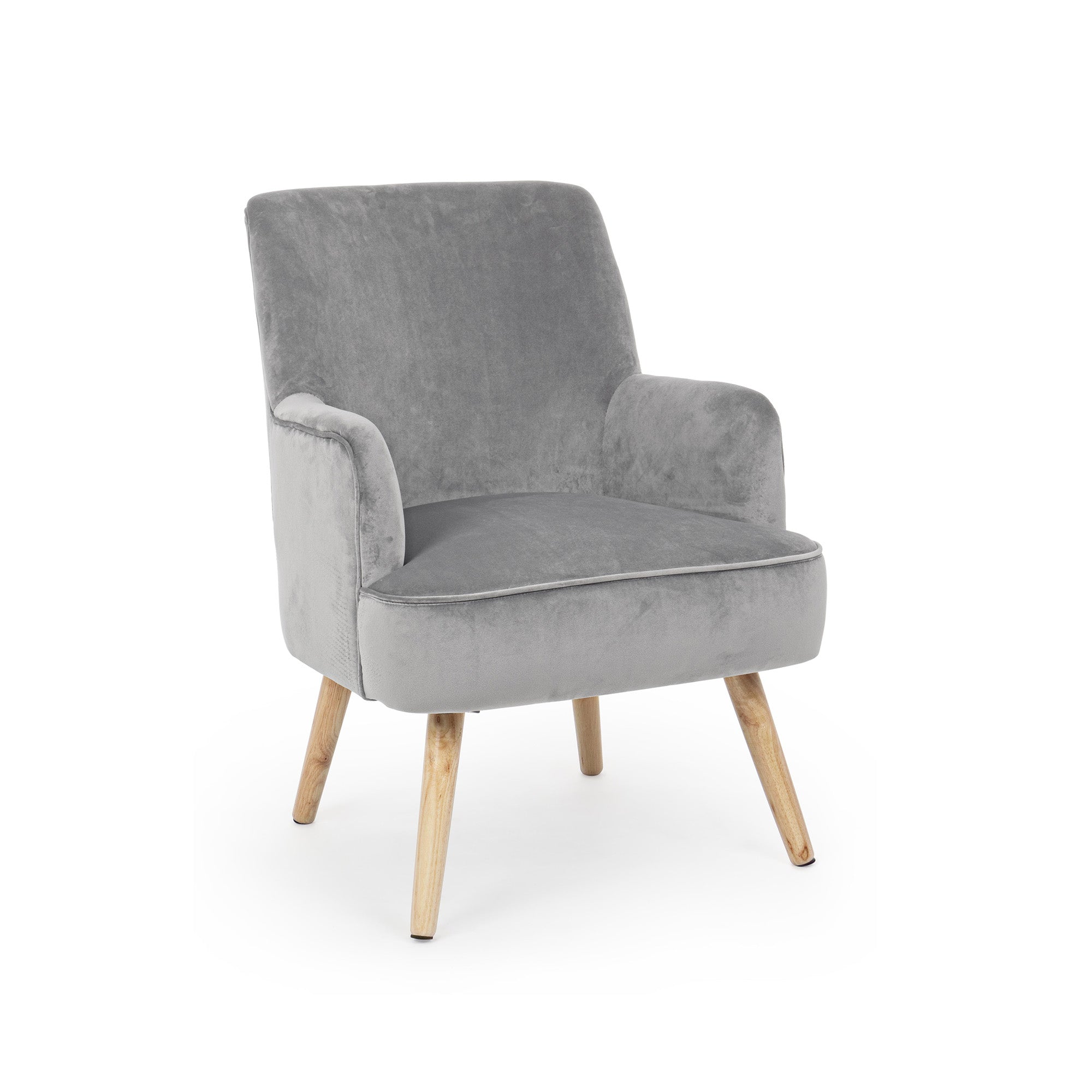 poltrona adeline in tessuto effetto velluto grigio e legno, poltrona imbottita con struttura solida e design moderno