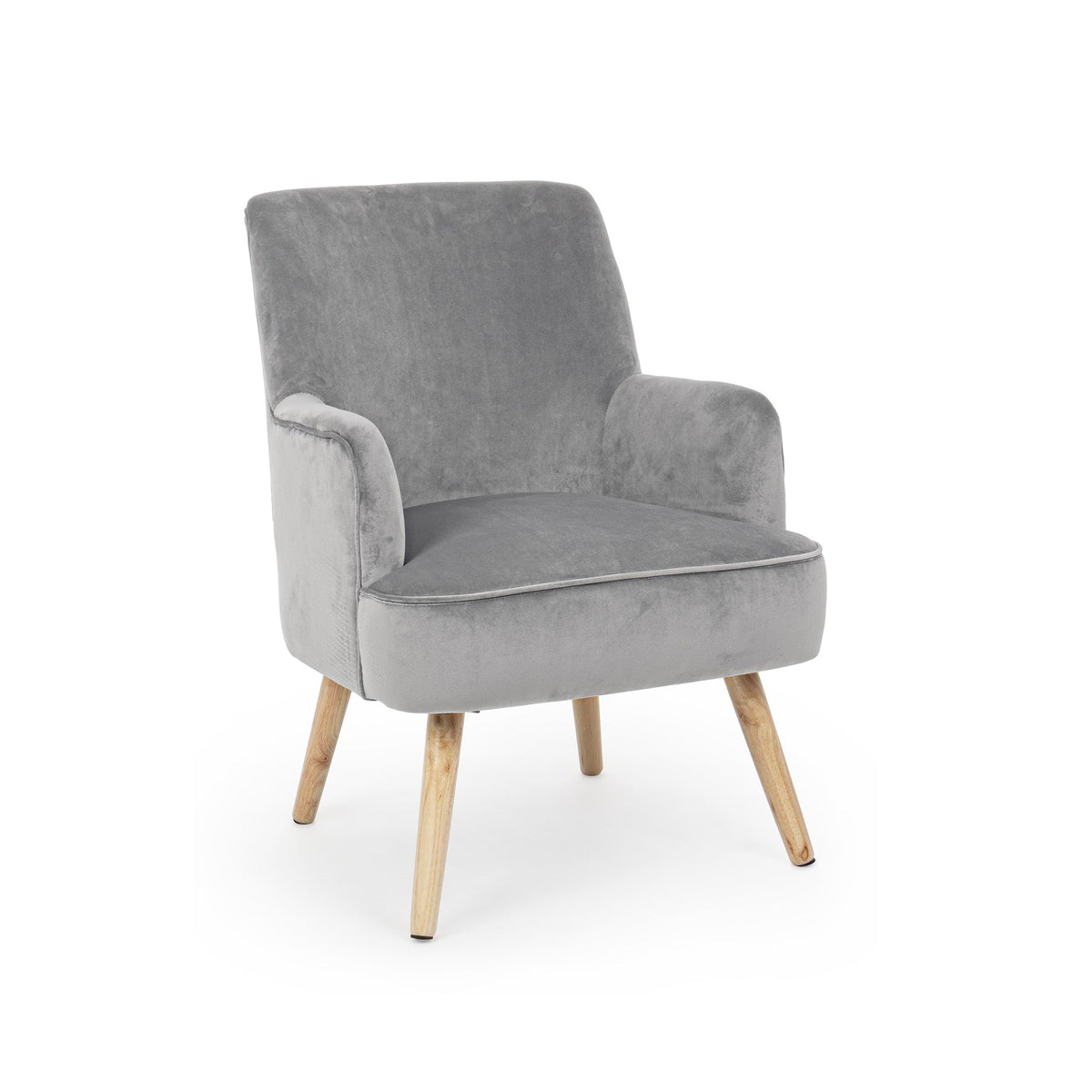 poltrona adeline in tessuto effetto velluto grigio e legno, poltrona imbottita con struttura solida e design moderno