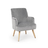poltrona adeline in tessuto effetto velluto grigio e legno, poltrona imbottita con struttura solida e design moderno