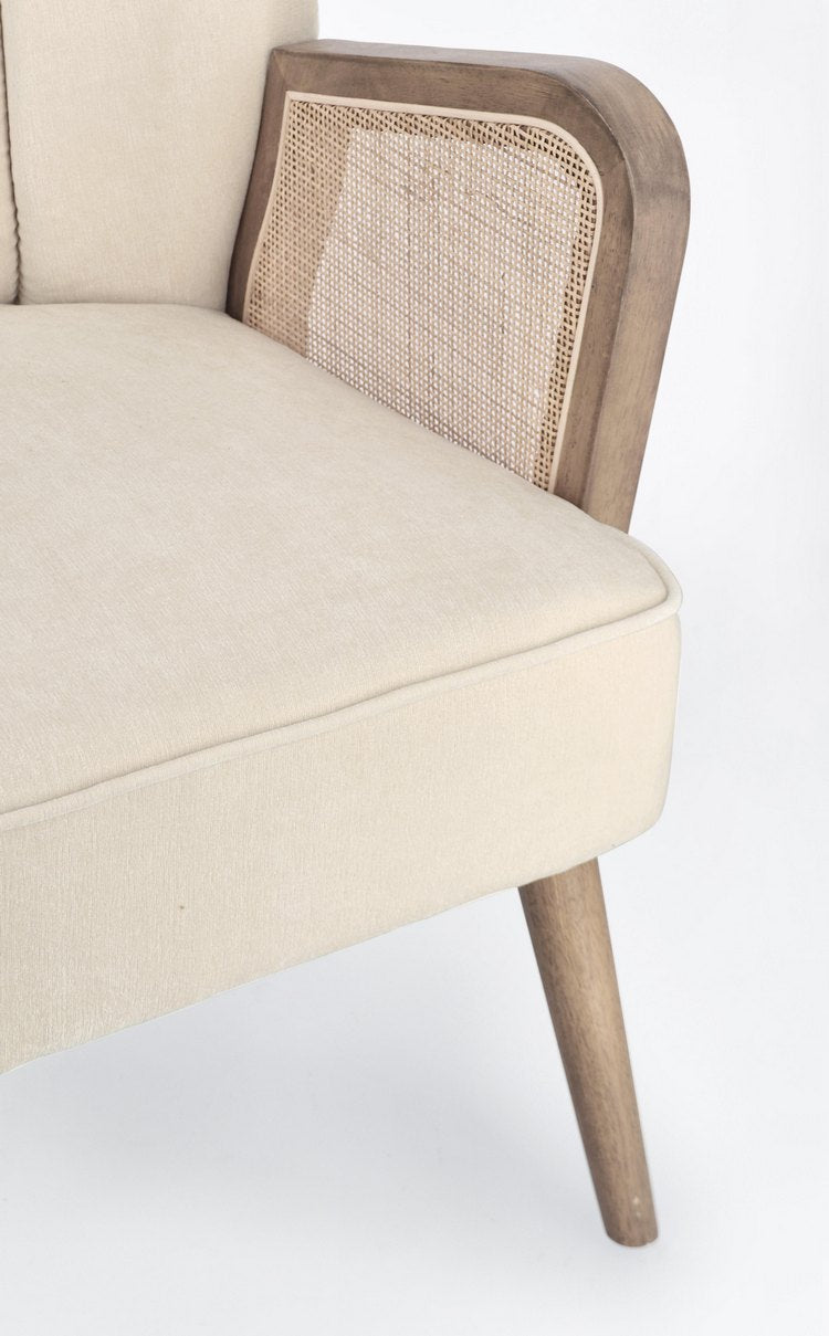 poltrona virna in tessuto effetto velluto avorio, gambe e braccioli in legno naturale, struttura in legno o metallo...