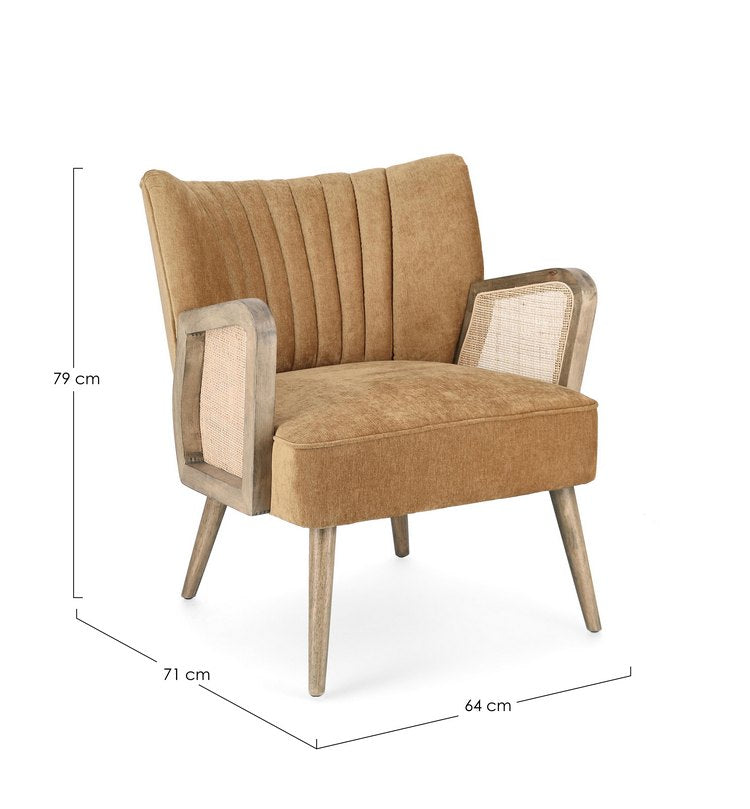 poltrona virna in tessuto effetto velluto giallo senape, gambe e braccioli in legno naturale, stile contemporaneo con...