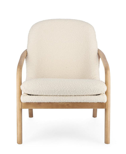 poltrona elaide in tessuto effetto bouclé bianco e struttura in legno rubberwood, vista ambientata in soggiorno o angolo...