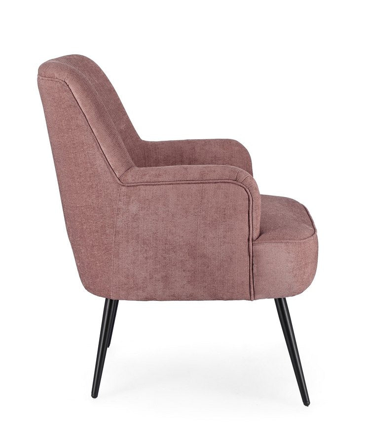 poltrona ernestine in tessuto rosa scuro e gambe in acciaio verniciato nero, dettaglio del rivestimento in tessuto o velluto