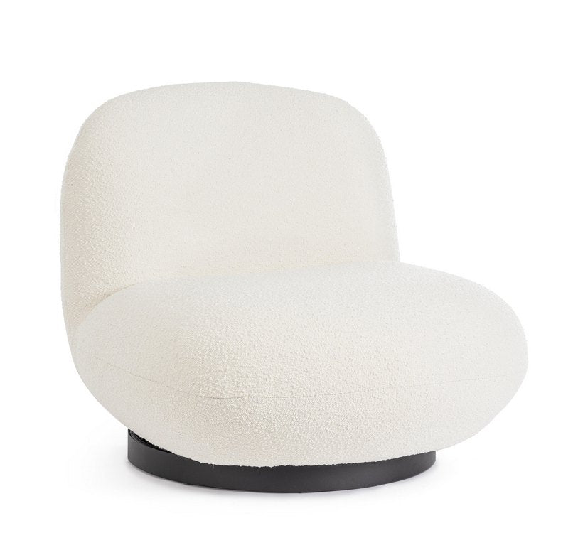 poltrona girevole margot in tessuto effetto bouclé bianco, poltrona imbottita con struttura solida e design moderno