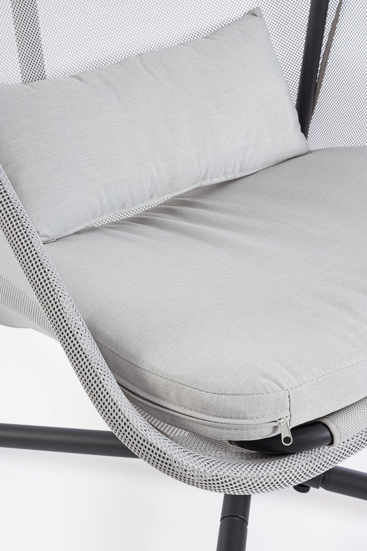 poltrona sospesa algar pieghevole, in acciaio antracite e copertura grigia, struttura in alluminio, rattan o legno trattato