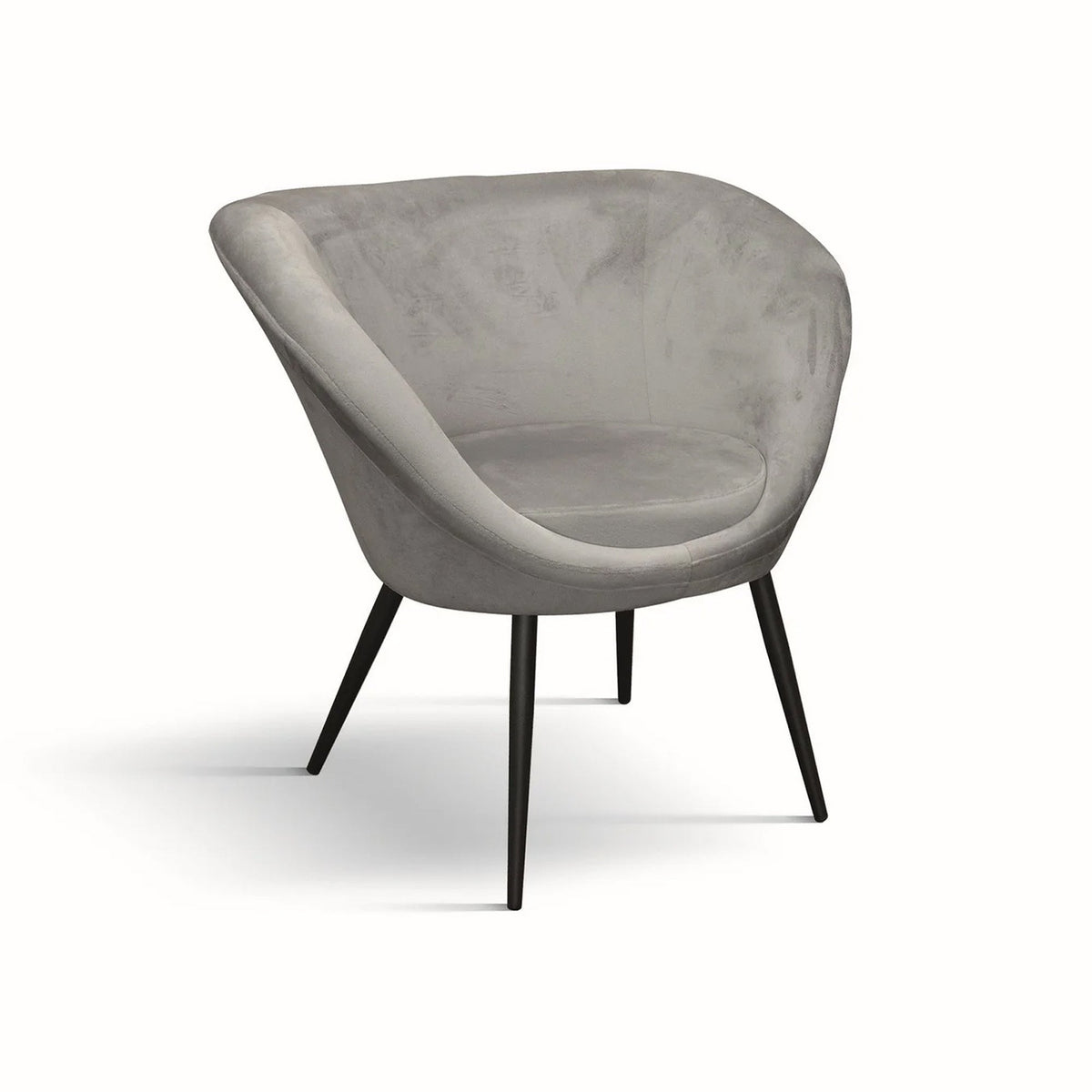 poltrona minorca in tessuto effetto velluto grigio e metallo nero, poltrona imbottita con struttura solida e design moderno