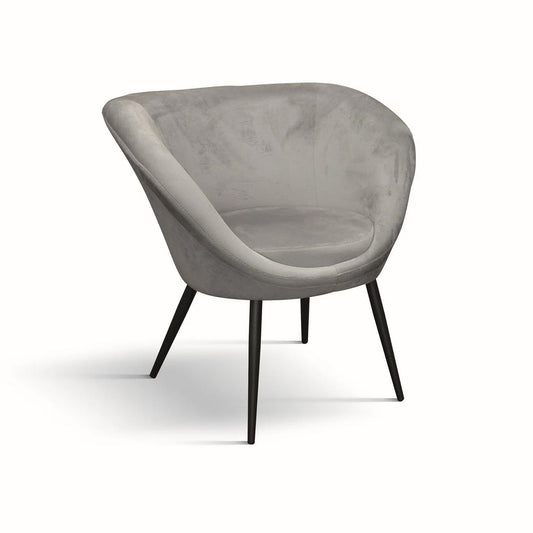 poltrona minorca in tessuto effetto velluto grigio e metallo nero, poltrona imbottita con struttura solida e design moderno
