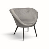 poltrona minorca in tessuto effetto velluto grigio e metallo nero, poltrona imbottita con struttura solida e design moderno