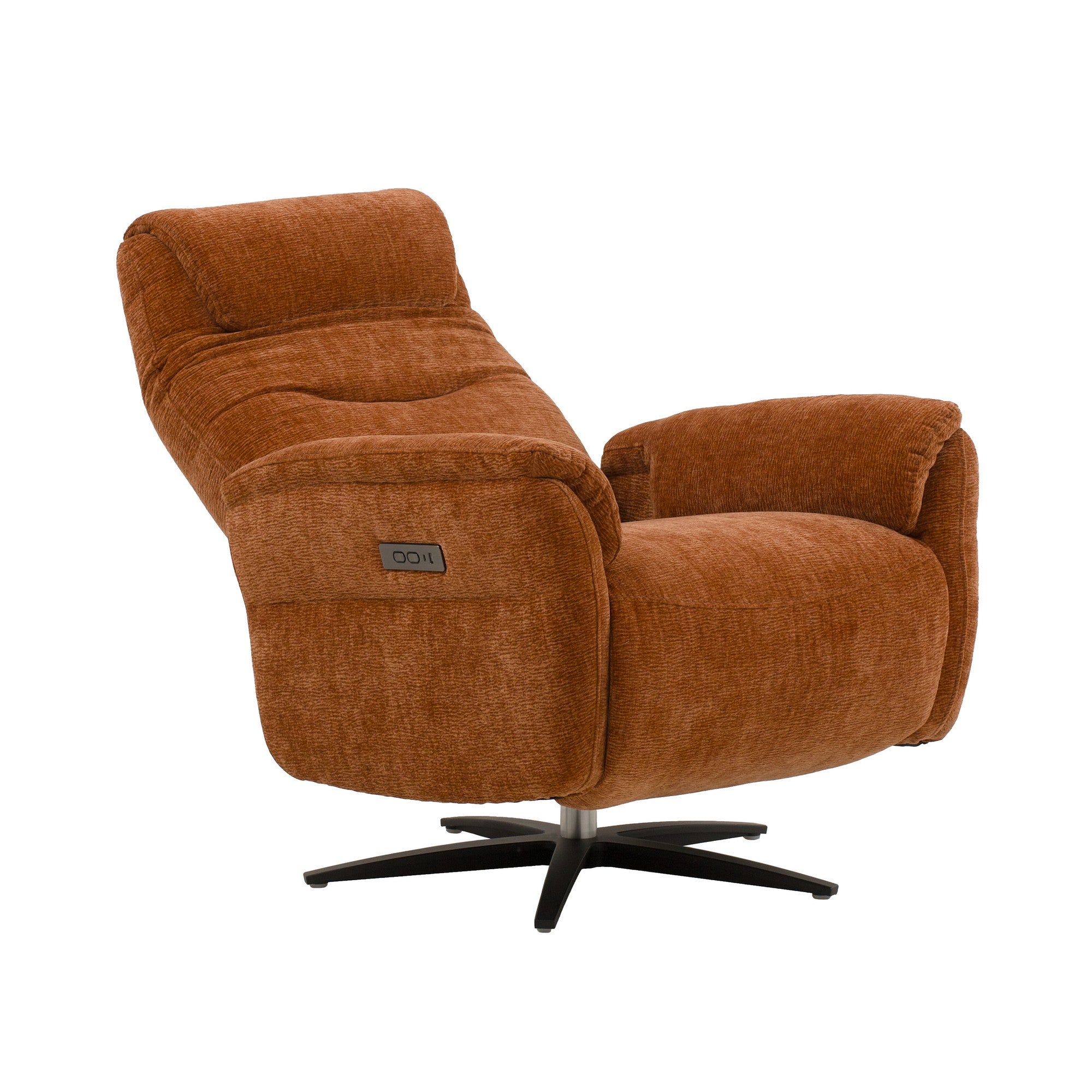 poltrona reclinabile elettrica oslo in tessuto mattone e base in metallo nero, dettaglio del rivestimento in tessuto o...