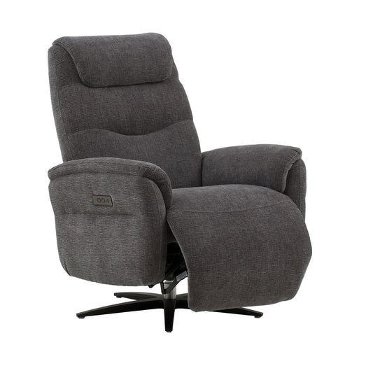 poltrona reclinabile elettrica oslo in tessuto grigio e base in metallo nero, vista ambientata in soggiorno o angolo lettura