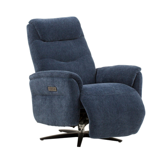 poltrona reclinabile elettrica oslo in tessuto blu e base in metallo nero, vista ambientata in soggiorno o angolo lettura