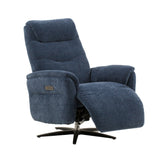 poltrona reclinabile elettrica oslo in tessuto blu e base in metallo nero, dettaglio del rivestimento in tessuto o velluto