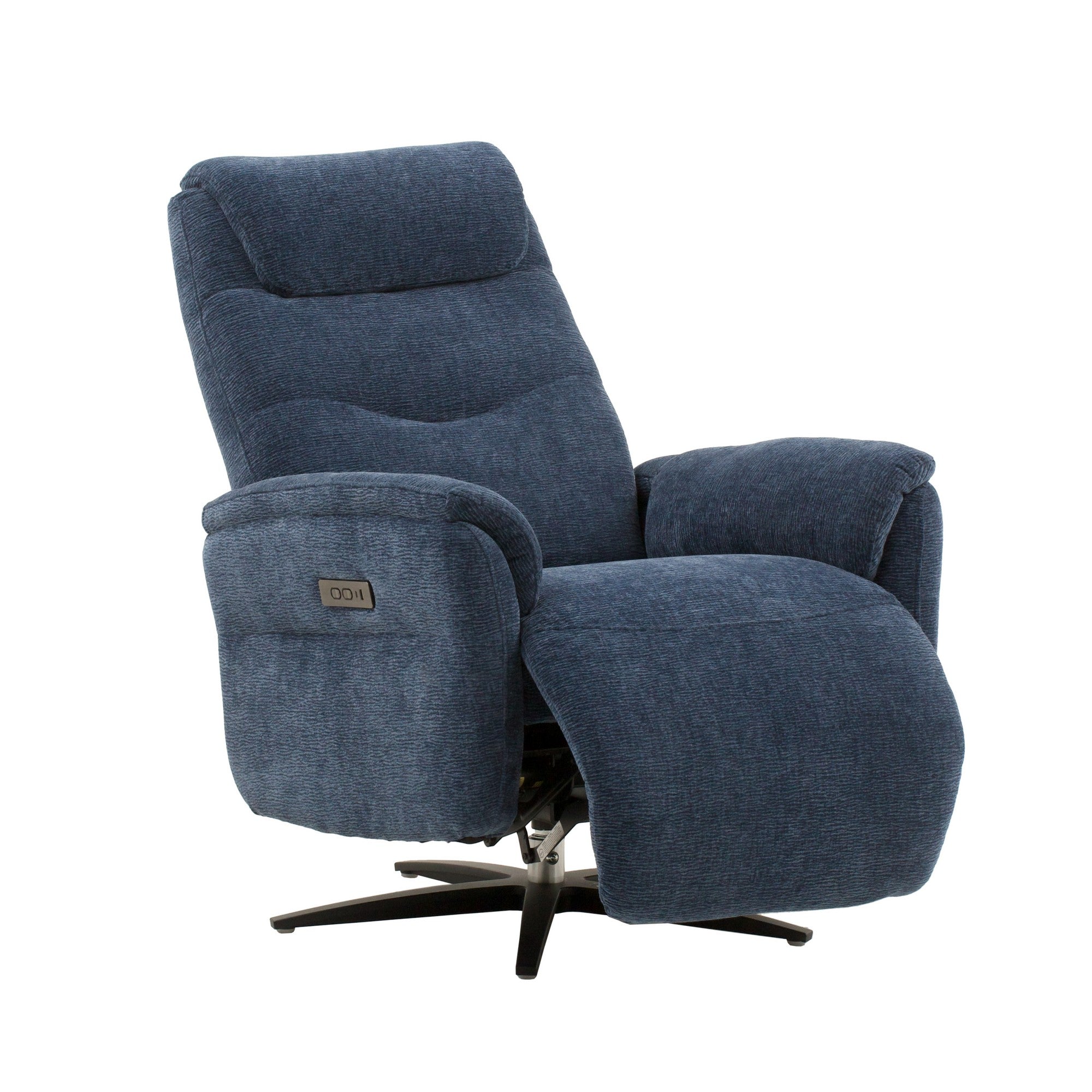 poltrona reclinabile elettrica oslo in tessuto blu e base in metallo nero, stile contemporaneo con braccioli comodi e seduta...