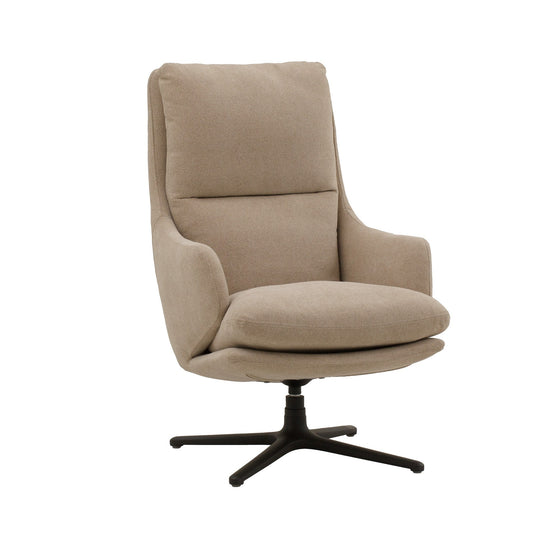 poltrona girevole new arley in tessuto beige e base in metallo nero, poltrona imbottita con struttura solida e design moderno