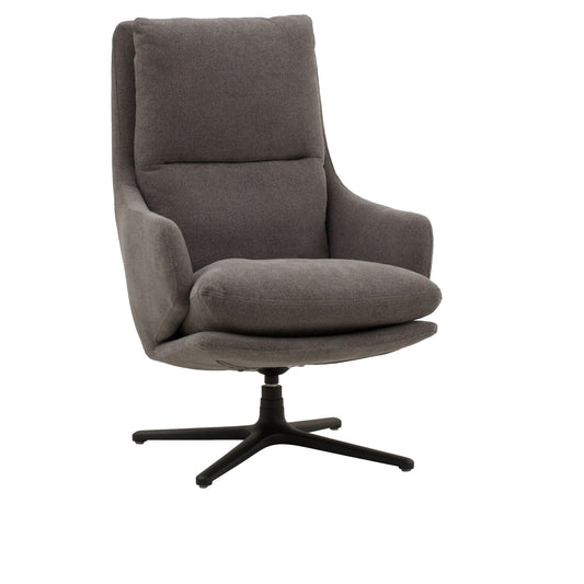 poltrona girevole new arley in tessuto grigio e base in metallo nero, vista ambientata in soggiorno o angolo lettura